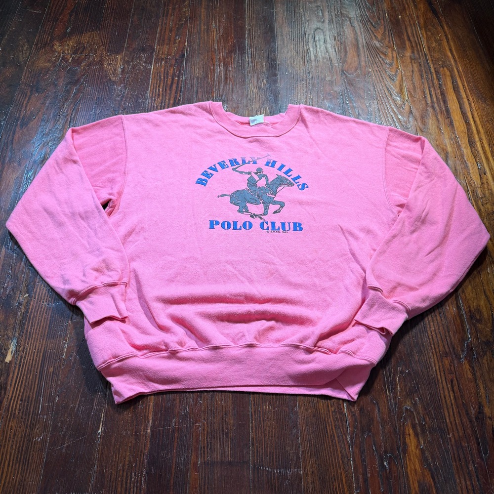Vintage 1982 Beverly Hills Polo Club Sweatshirt Mens L Pink Graphic Pockets 80s